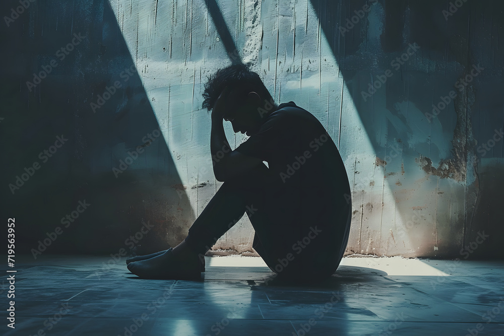 © jex - A depressed man suffering from emotional pain, sitting alone with a sad and worried expression, hands raised to his head, set against a misty dark background. © jex - A depressed man suffering from emotional pain, sitting alone with a sad and worried expression, hands raised to his head, set against a misty dark background.