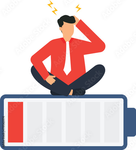 Exhausted and fatigue from hard work and stressed or anxiety from unhealthy work or depression and burnout, Low energy or motivation and fatigue and tired businessman stand with low battery sign conce