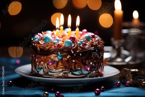 Birthday chocolate cake with colorful blue background candles, generative IA