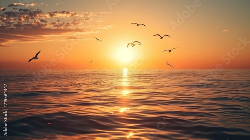 Sunset over the water with birds flying against sunlight