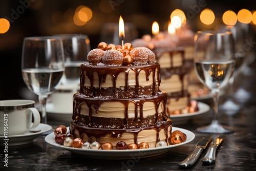 Chocolate and caramel cake in a sophisticated celebration  with luxury furniture a  generative IA