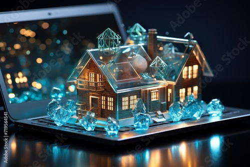 Isolated in white background, center aligned, laptop Futuristic real estate business concept with glowing low polygonal residential house symbol isolated on bright blue background.