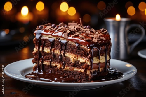 Chocolate cake on a light background. dessert for birthday and vacation., generative IA