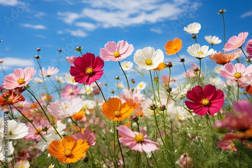 Beautiful cosmos meadow flowers field with sky background, Colorful wild flower or summer nature spring flower art