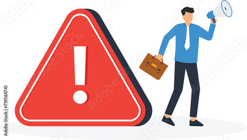 Announcing breaking news or warnings, Businessman announces on megaphone with exclamation mark concept,
