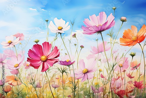Watercolor cosmos meadow flowers field with sky background, summer spring flower art illustration © pixeness
