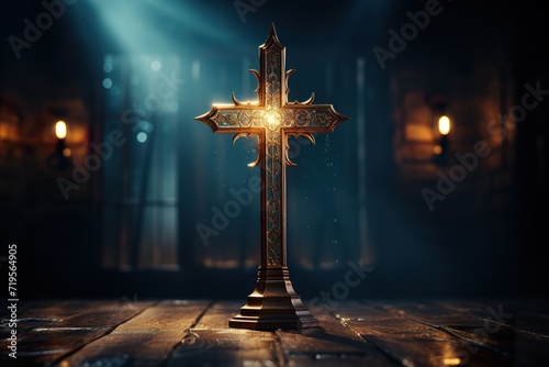isolated christian wooden black cross, black backgroung, glowing, good friday celebration photo