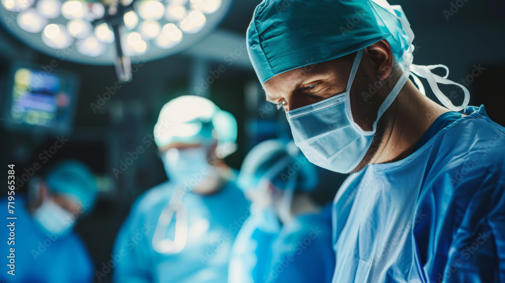focused male surgeon in blue scrubs and a surgical mask in an operating room focused male surgeon in blue scrubs and a surgical mask in an operating room