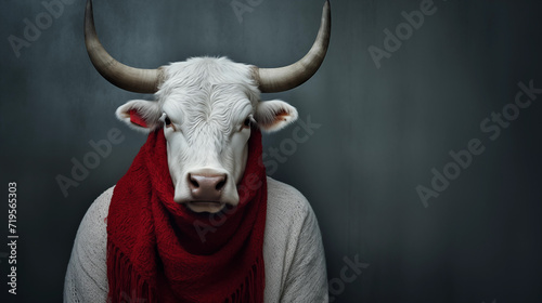 Weißer Stier mit rotem Schal um den Hals. Portrait frontal vor grauem Hintergrund. Illustration