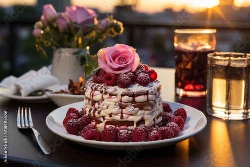 Raspberry cake on a sun -plated terrace  surrounded by scented flowers.  generative IA