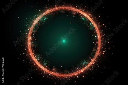 Coral pink glitter circle of light shine sparkles and emerald green spark particles