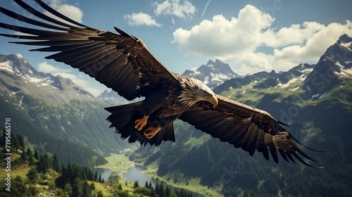 From below predatory golden eagle flying over majestic mountainous valley near clouds
