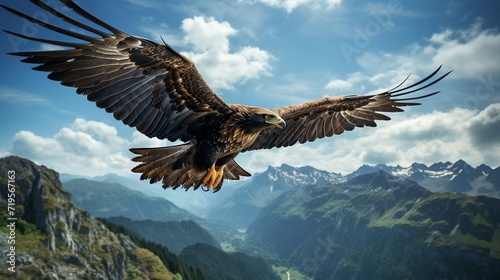From below predatory golden eagle flying over majestic mountainous valley near clouds © muza