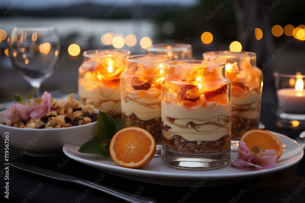 Passion fruit cake in a buffet by the sea, overlooking a gold sandy beach., generative IA