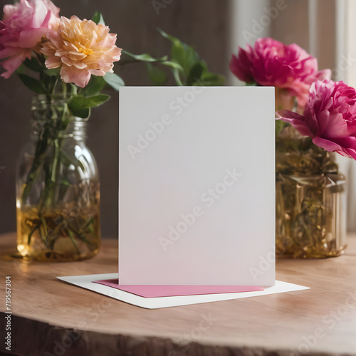 Blank greeting card mockup with pink and yellow peonies in glass vases on wooden table photo