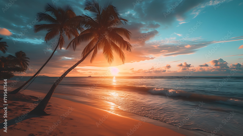 cinematic paysage photography of palms on the beach during sunset