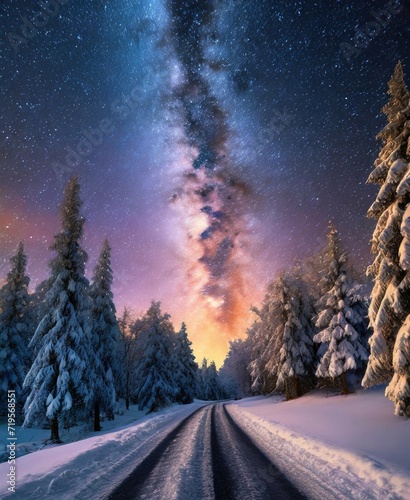 Dawn on the snowy forest with the sky full of stars. Milk way. Astro photography on the countryside on winter. Cold landscape. © D'Arcangelo Stock