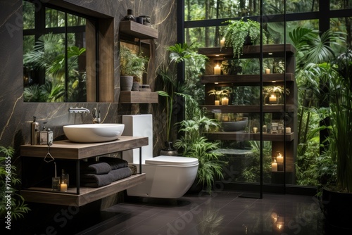 Eco-friendly toilet with natural coatings, recycled accessories and lush plants., generative IA