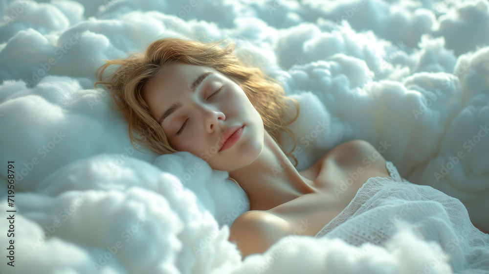 A young woman sleeping on a bed made by clouds. 