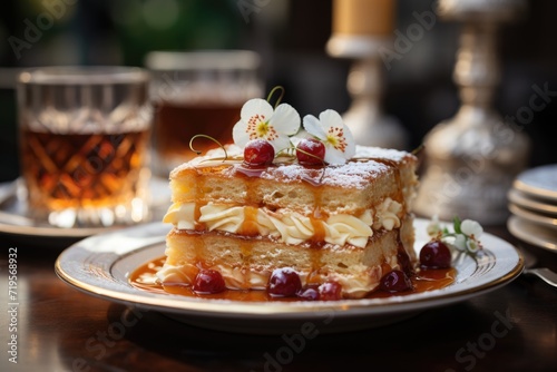 Peach cake with syrup, served in a sophisticated restaurant under sumptuous chande, generative IA photo