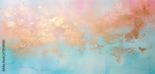 A panoramic abstract texture featuring sparkling golden glitter against a backdrop of coral pink and aquamarine, beautifully blurred