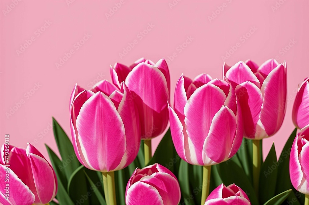Fototapeta premium Pink tulips in the garden. Spring flowers. Tulips background.