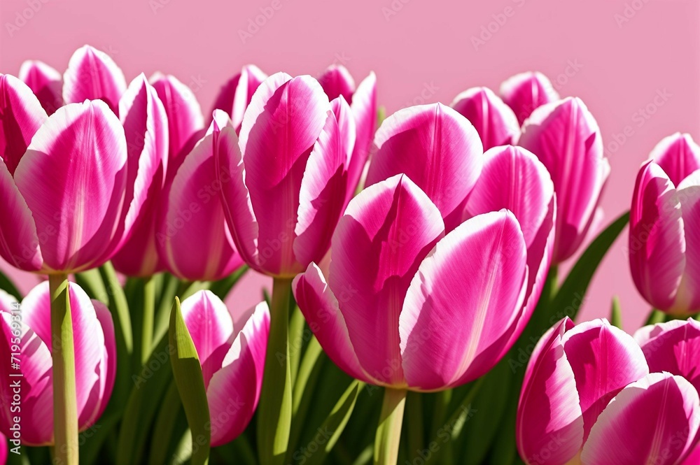Fototapeta premium Pink tulips in the garden. Spring flowers. Tulips background.