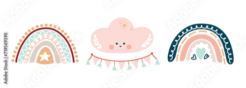 Vector boho-style clipart for decorating a children's room with cute rainbows and moon, sun, cloud. Boho baby rainbow. Perfect for children's party, birthday, stickers, postcards