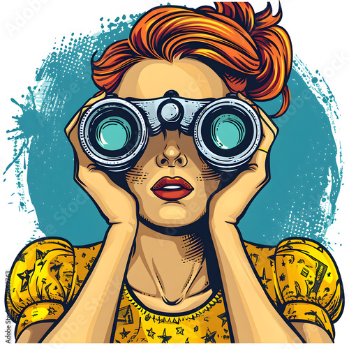 A person looking through binoculars at a distant dollar sign isolated on white background, cartoon style, png 