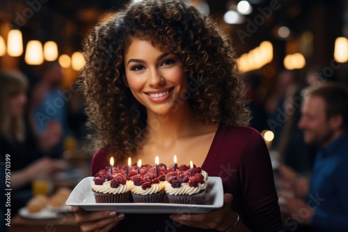 Happy African American woman holding a delicious birthday cake with blueberry and   generative IA