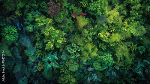 Birds-eye view of a dense tropical rainforest, a mosaic of greens and vibrant natural patterns