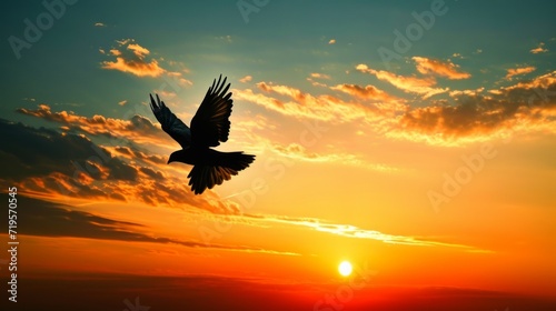 The concept of freedom, a bird in flight against a golden hour sky, the sense of liberation.