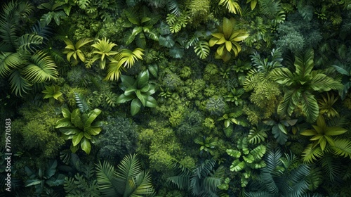 Birds-eye view of a dense tropical rainforest  a mosaic of greens and vibrant natural patterns