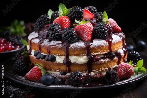 Vertical photo of a delicious cake with icing sugar, red fruits, strawberries and , generative IA