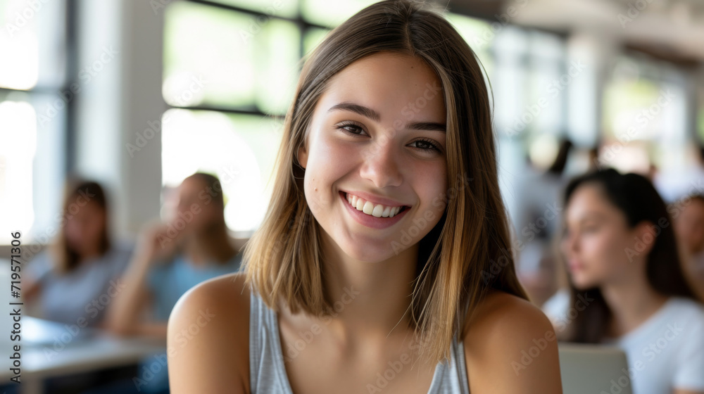 Fototapeta premium cheerful teenage girl smiling at the camera, standing in a school hallway with other students in the background