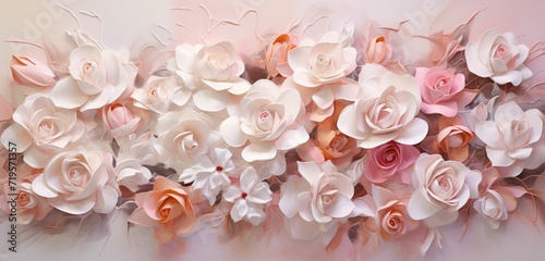 A three-dimensional abstract background on a mural, adorned with lifelike roses and delicate white flowers, evoking a sense of tranquility