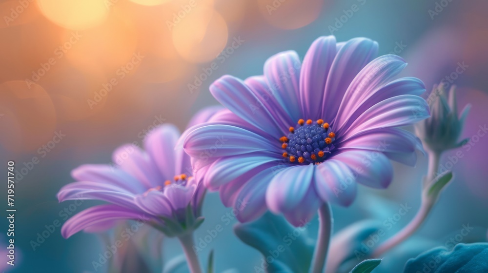 Obraz premium flowers with subtle color gel lighting, enhancing the natural colors with soft lavender and teal tones