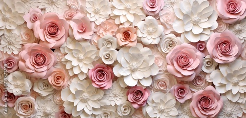 A three-dimensional mural  artfully combining abstract textures with the beauty of blooming roses and white flowers