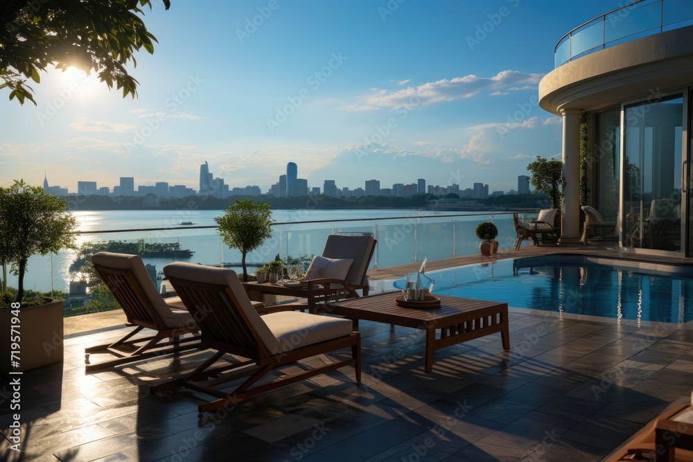 Terrace with pool and sun loungers by the city., generative IA Terrace with pool and sun loungers by the city., generative IA