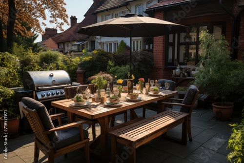 Gourmet terrace with barbecue and dining area.  generative IA