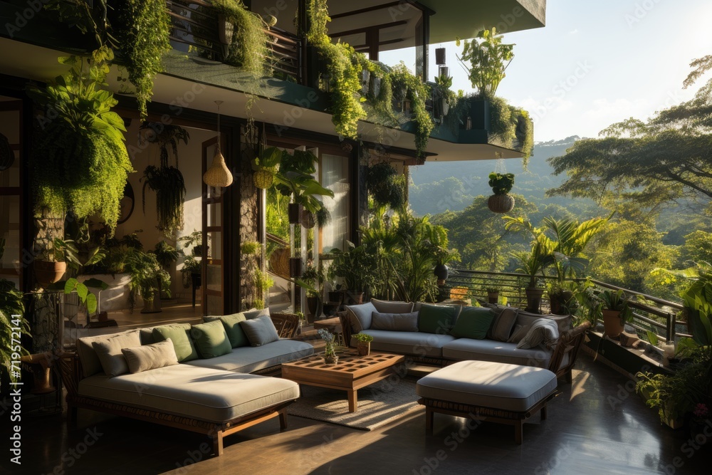 Serene terrace with lush vertical garden and chairs., generative IA