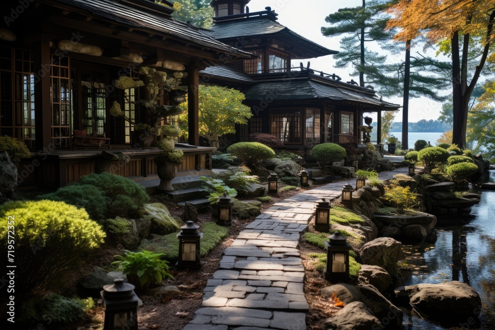 Japanese garden with lanterns, lake and bonsais., generative IA