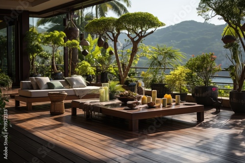 Zen terrace with yoga and lush plants.  generative IA