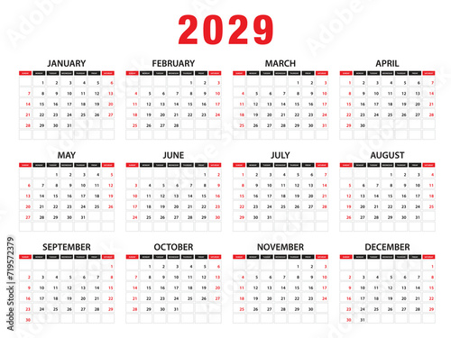 2029 Calendar year vector illustration. week starts on Sunday, Simple planner design template, desk calendar 2029 year, wall calendar 2029 template, print media, advertisement