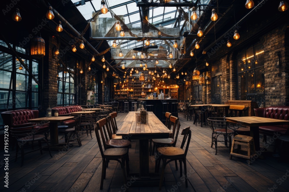 Vintage Industrial Hall with exposed bricks and lighting., generative IA