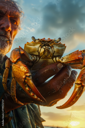 Old fisherman shows a big crab in his hand, vertical poster, close-up of crustaceans, industrial fishing and catching crabs in the sea, idea for advertising photo