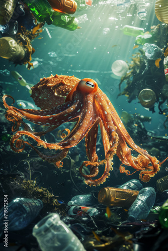Vertical portrait of an octopus swimming among garbage and plastic bottles in a lagoon, ocean pollution problems, protecting wildlife on World Wildlife Day