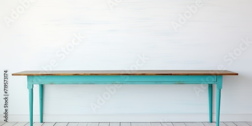 Empty wooden aqua table over white wall background