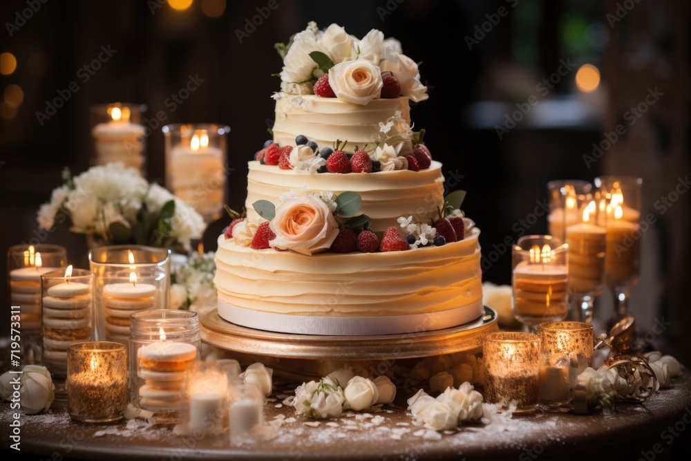 Beautiful white wedding cake with different desserts in cups in the tale, generative IA