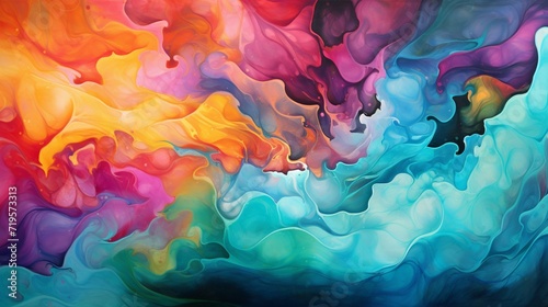 A widescreen artistic representation of a vibrant color splash on paper, forming a lively abstract pattern of vivid shades
